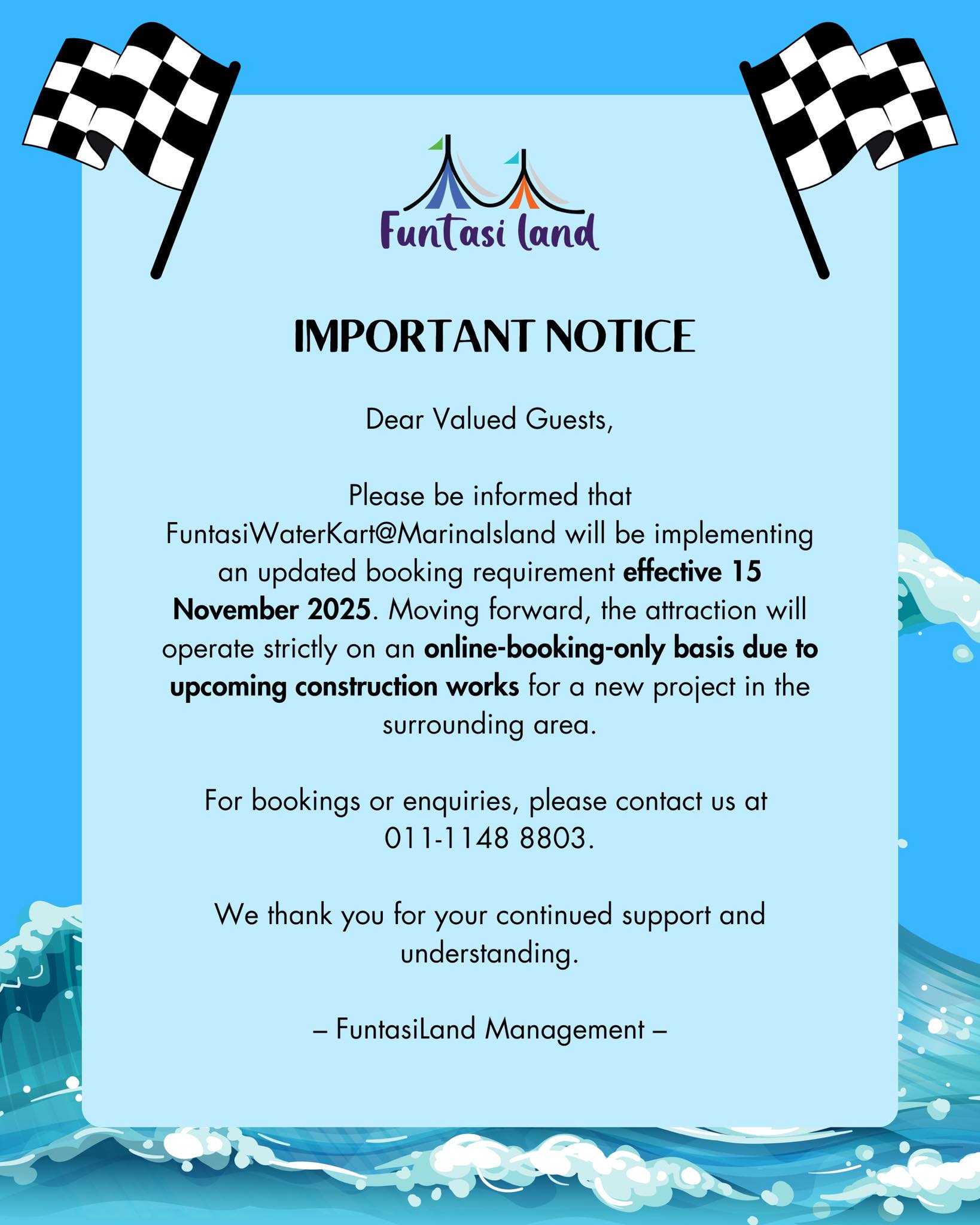 IMPORTANT NOTICE – Water Kart Booking Update